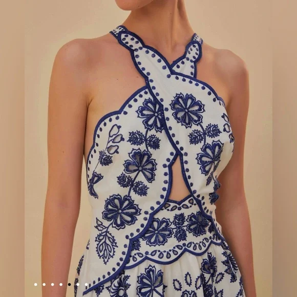 FARM RIO Off-White Cut Out Elegant Floral Halter Embroidered Linen Midi Dress - Picture 3 of 10